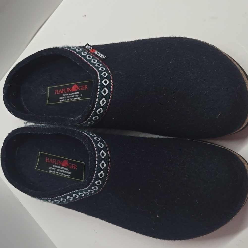 Haflinger Navy Blue Wool Slip-On Clogs with Patterned Trim- Size 9